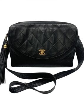 Chanel Vintage Black Lambskin Quilted Tassel Crossbody Bag Gold CC Camera Bag